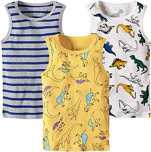 Chłopięcy tank top, zestaw 3 sztuk, podkoszulek dla dzieci, kamizelka, bez rękawów, t-shirty, 5-6 lat, dinozaury, paski, rozm. 116, dinozaury paski, 116