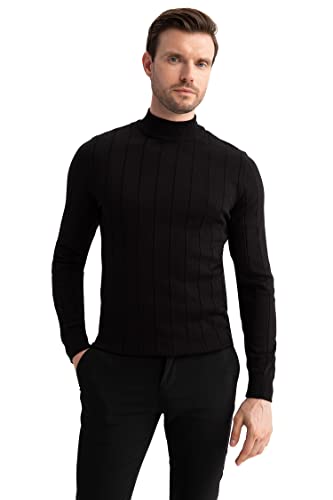 DeFacto Męski sweter z dzianiny z długim rękawem, okrągły dekolt, slim fit dla mężczyzn, topy (czarny, 3XL), czarny, 3XL