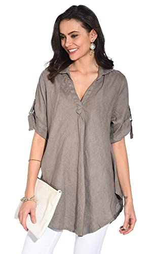 Bonateks damska top 100% lniana tunika Made in Italy, bluzka z dekoltem w serek i długim rękawem, Desert, Rozmiar: L, Pustynia, L
