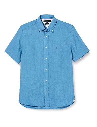 Tommy Hilfiger Męska koszula lniana farbowana pigmentowo Rf S/S na co dzień, Szokujący niebieski, M
