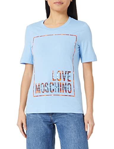 Love Moschino Koszulka damska o regularnym kroju z logo Check Box Shiny Print, jasnoniebieska, 44