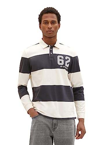 Męska koszulka polo z długimi rękawami i blokowymi paskami TOM TAILOR, 32572-granatowy vintage beżowy pasek, XL