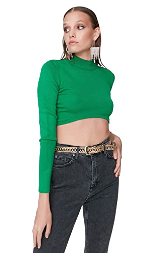 Trendyol Damska bluza z okrągłym dekoltem o jednolitym kroju, ZIELONY, XS
