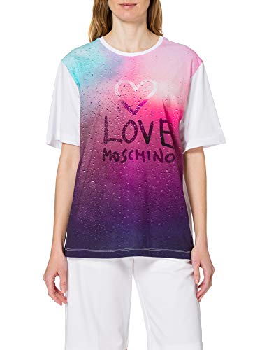 Love Moschino Damska koszulka z dżerseju bawełnianego_matowienie i cieniowane szkło panel nadruk, Optyczny biały, 32