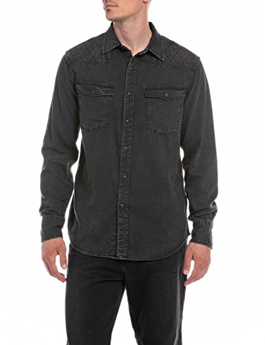 Replay Męska koszula dżinsowa z długim rękawem z bawełny, 097 Dark Grey, L