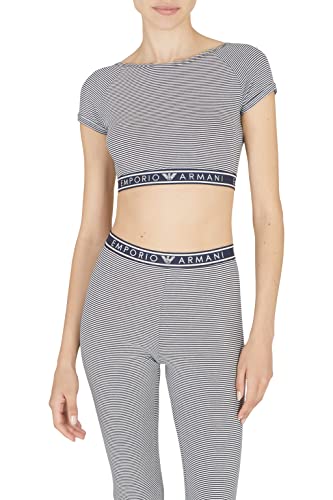 Emporio Armani Underwear Women's Printed Cotton Crop Top, Marine/Yogurt STR, L, Marine/Yogurt Str, L