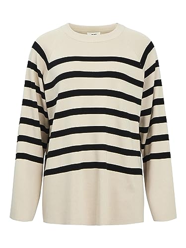 Object Women's Objester LS Knit TOP NOOS sweter, Sandshell/Stripes: Black, S, Sandshell/paski: czarne, S
