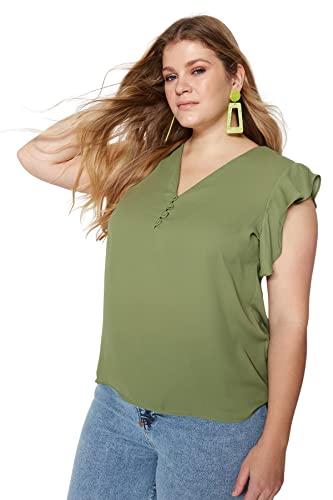 Trendyol Damska bluzka o regularnym kroju basic dekolt w serek tkana bluzka plus size, Olejek zielony, 42-Du?e rozmiary