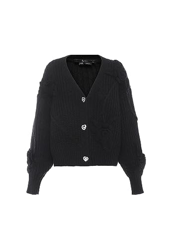 faina Damski sweter z dekoltem w serek w trójwymiarowy kwiatowy szydełkowany czarny rozmiar M/L, czarny, M