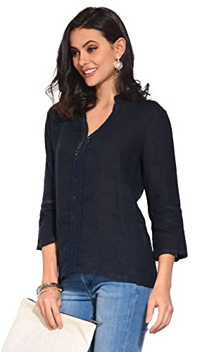 Bonateks damska top 100% lniana tunika Made in Italy, tunezyjska tunika z koronkowym karczkiem i rękawami 3/4, granatowa, rozmiar: XL, granatowy, XL