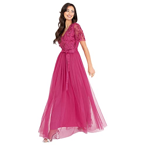 Maya Deluxe Kobiety Maxi Dress Ladies Ball Gown na wesele Guest Embellished Tie Waist V Szyja Dziewczyna Sukienka Damska, Fuksja, 50