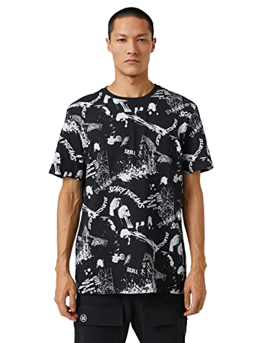 Koton Męski T-shirt z nadrukiem czaszki z okrągłym dekoltem i krótkim rękawem, Black Design (06D), S