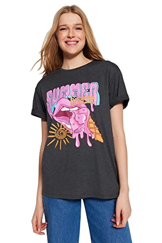 Trendyol Damska koszulka z dzianiny Boyfriend Basic Crew Neck, Antracyt, S