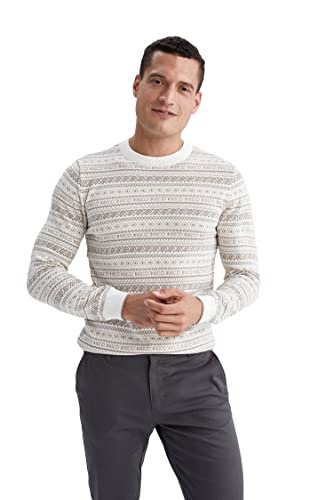 DeFacto Męski sweter z dzianiny z długim rękawem, okrągły dekolt, slim fit dla mężczyzn, topy (LT.Stone, S), Lt.stone, S