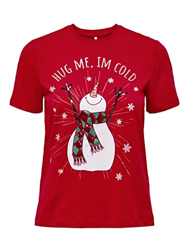 ONLY Women's ONLXMAS YRSA Christmas REG S/S TOP JRS Shirt, Urban Red/Print:Snowman, XS