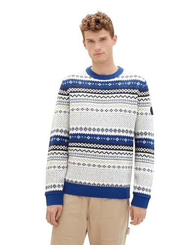 TOM TAILOR sweter męski, 34443 - niebieski biały wielokolorowy żakard, XL