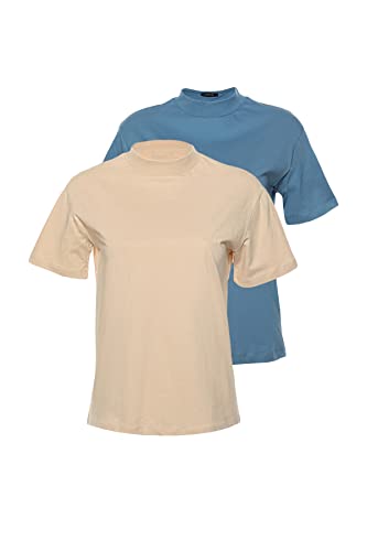 Trendyol Damska koszulka Basic Regular Basic Stojący Kołnierz Dzianinowy, Indygo-beżowy, L