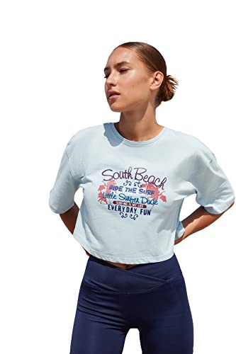 Trendyol Damska koszulka z dzianiny Slim Standard Crew Neck, Jasnoniebieski, XL