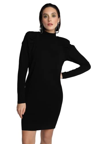 Madnezz House Women's Valentina damska sukienka, sukienka ze stójką, długie rękawy, długość mini, wzmocnione ramiona, sukienka, czarna, L, czwarny, L
