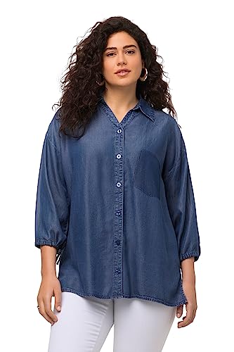 Ulla Popken, Damska bluzka koszulowa Lyocell, wygląd dżinsu, dekolt w serek, rękaw 3/4, Blue Denim, 50/52