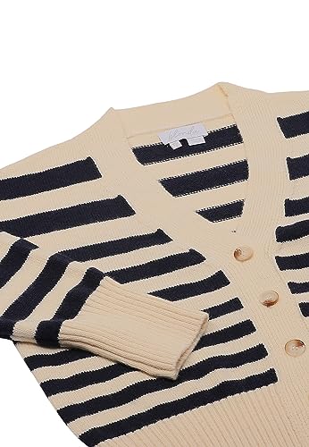 Blonda Damski jednorzędowy, dziergany kardigan w paski z dekoltem w kształcie litery V, akryl Wełna BIAŁA, granatowy, rozmiar XS/S, Wełniana biel morska, XS