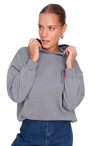 TRENDYOL Bluza damska z kapturem z logo Regular, szary, M