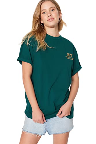 Trendyol Damska koszulka oversize basic z okrągłym dekoltem, Ciemny szmaragdowy zielony, S