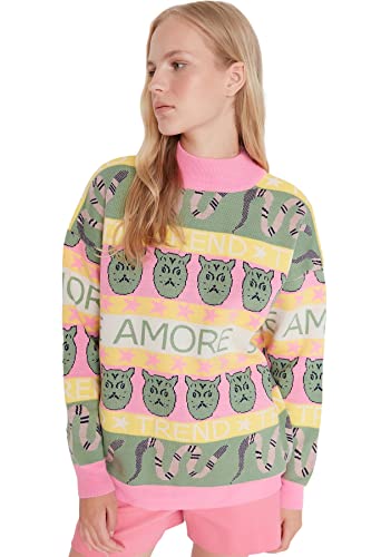 Trendyol Damska bluza ze stójką, wzorzysta, regularna, różowy, L, różowy, L