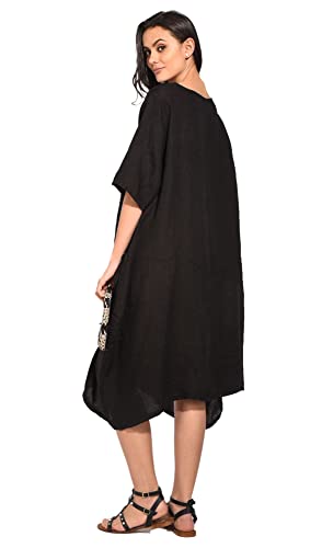 Sukienka damska 100% lniana Made in Italy, długa sukienka z okrągłym dekoltem, z przodu z krótkim rękawem, czarna, rozmiar: M, czarny, M