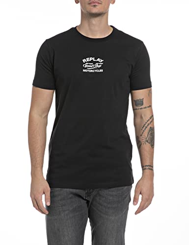 Replay T-shirt męski z krótkim rękawem i nadrukiem, 98 Black, L