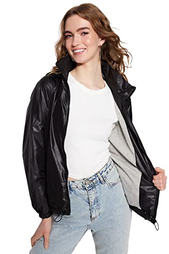 Trendyol Damska bluza z kapturem, zwykła, kurtka zimowa, płaszcz, czarny, L, Czarny