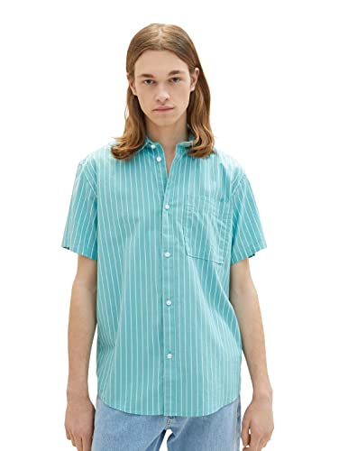 TOM TAILOR Denim Męska koszula z krótkim rękawem z kieszenią na piersi i paskami, 31861 - Turquoise Stripe, S