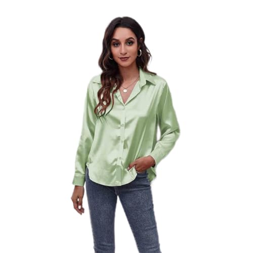 Clotth Damska koszula z długim rękawem z satynowego jedwabiu Button Down Shirt, jasnozielony-m, M