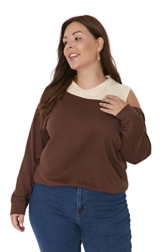 Trendyol Damska bluza z okrągłym dekoltem, jednokolorowa, regularna, plus size, brązowa, XXL, Brązowy