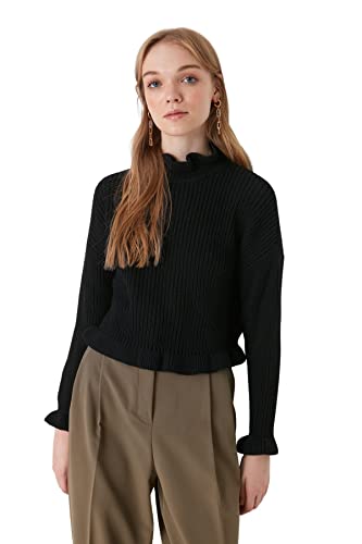 Trendyol Damska bluza z golfem, gładka, wąska bluza, czarna, M, Czarny