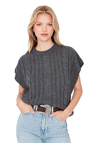 Trendyol Damska kamizelka z okrągłym dekoltem Ajouré Regular Sweater Vest, antracytowa, L, Antracyt, L