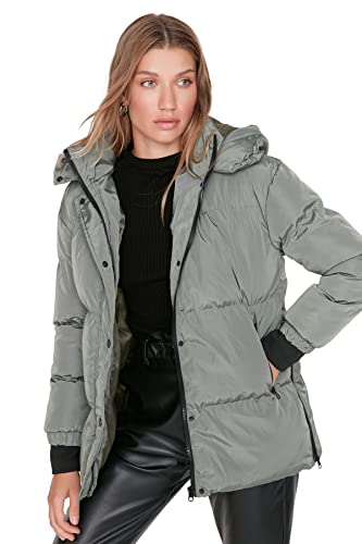 Trendyol Damska bluza z kapturem, jednokolorowa, oversize, kurtka zimowa, khaki, S, Khaki