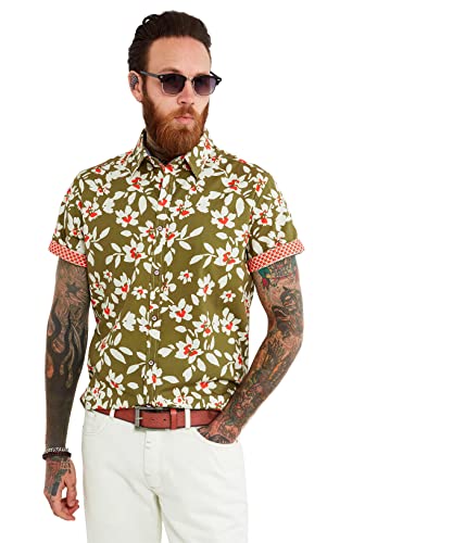Joe Browns Męska koszula Pop of Color Floral z krótkim rękawem zapinana na guziki, zielona, XXL, Khaki, XXL