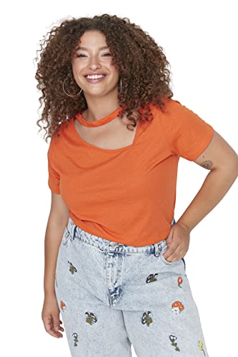 Trendyol Damska koszulka plus size, regularna, podstawowa, z okrągłym dekoltem, dzianinowa koszulka plus size, pomarańczowy, 4XL Duże Rozmiary
