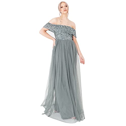 Maya Deluxe Damska sukienka maxi w kolorze mglistej zieleni Bardot zdobiona sukienka dla druhny, Misty Green, 34