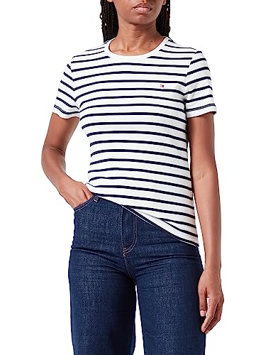 Tommy Hilfiger Damskie topy z dzianiny Slim Cody Rib C-nk Ss S/S, Bretoński ecru/pustynne niebo, M