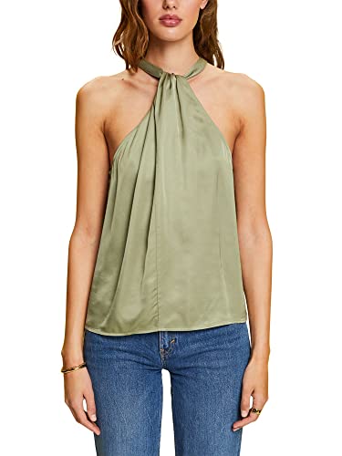 ESPRIT Collection LENZING™ ECOVERO bluzka satynowa wiązana na szyi, Light Khaki, 36