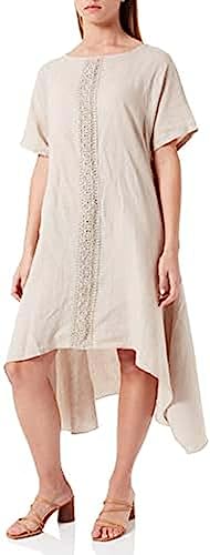 Bonateks, Sukienka trapezowa o średniej długości, koronkowa wstawka i półrękawy, 100% len, rozmiar DE: 38 rozmiar US: M, pustynia - wyprodukowano we Włoszech, beżowy, 38