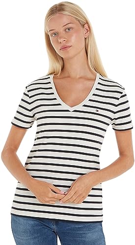Tommy Hilfiger Damskie topy z dzianiny Slim Cody Rib V Ss S/S, Bretoński ecru/pustynne niebo, M