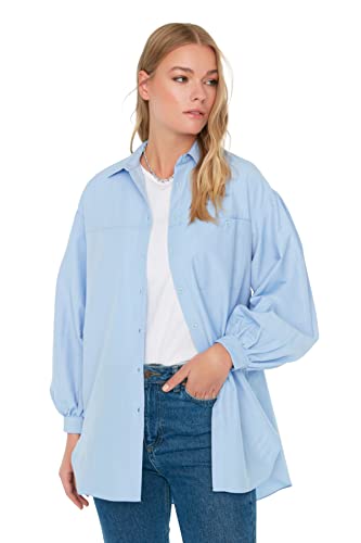 TRENDYOL Damska koszula damska z kołnierzem typu oversize, z kołnierzem koszulowym, tkane, modne, koszule, jasnoniebieski, 42
