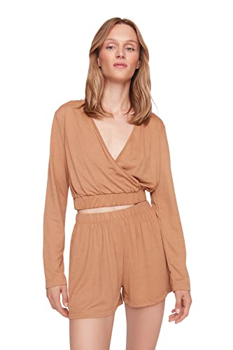 Trendyol Damska koszulka z dzianiny średniej średniej — krótka piżama zestaw, Cynamon, S