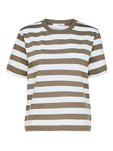 SELECTED FEMME T-shirt damski w paski, Morel/Stripes:Bright White - Wide, L