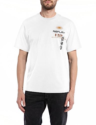 Replay Męski T-shirt z krótkim rękawem, okrągły dekolt, z nadrukiem z tyłu, Natural White 011, XXL
