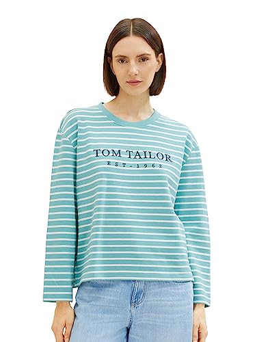 TOM TAILOR Bluza damska z paskami i nadrukiem, 32394-teal Offwhite Stripe, XS