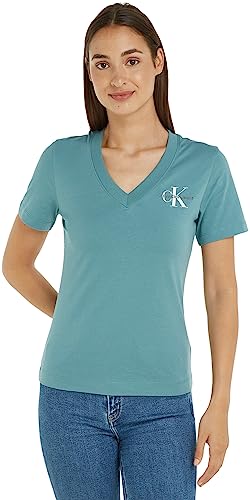 Calvin Klein Jeans Damska koszulka Monologo Slim V-Neck S/S Knit Tops, Arktyka, XS